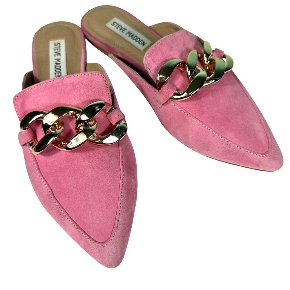 Steve Madden Chunky Gold Chain Pointed Toe Mule Barbie Pink Suede Size 6.5 - Picture 1 of 16